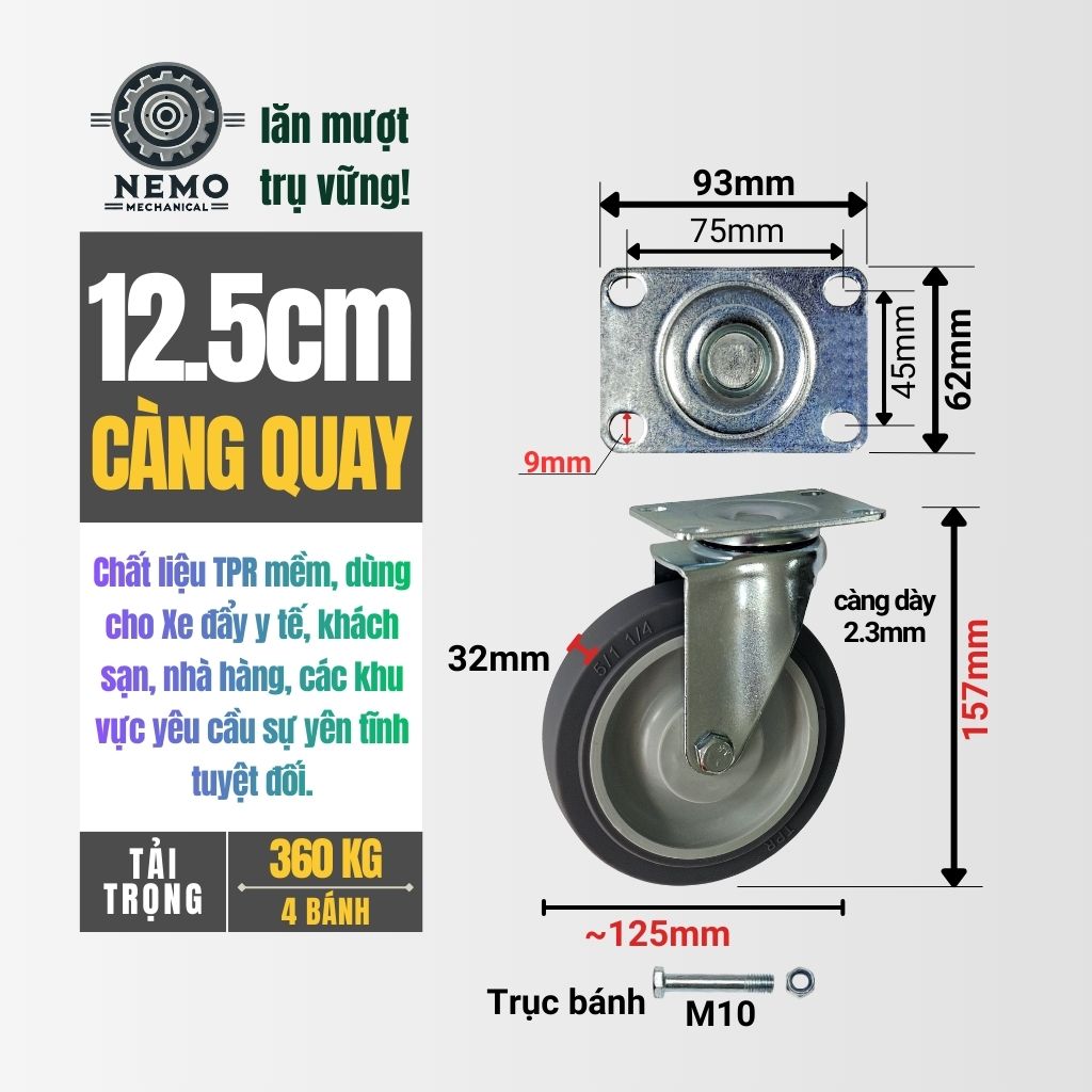 Bánh Xe Cao Su TPR Xám – Giảm Ồn, Bảo Vệ Sàn Tuyệt Đối (D75, D100, D125)